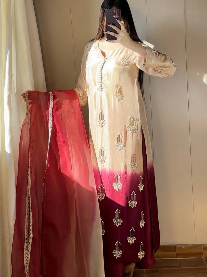 Women's Cream & Wine Ombre Embroidered Straight Suit Set with Dupatta