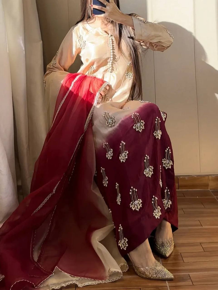 Women's Cream & Wine Ombre Embroidered Straight Suit Set with Dupatta