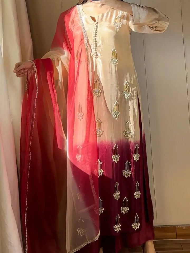 Women's Cream & Wine Ombre Embroidered Straight Suit Set with Dupatta
