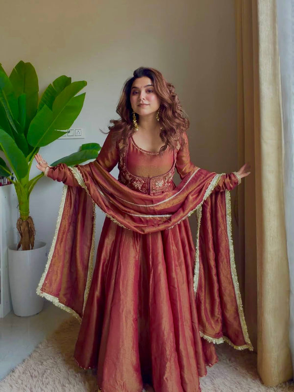 Women's Antique Rose Embroidered Anarkali Gown Set with Dupatta