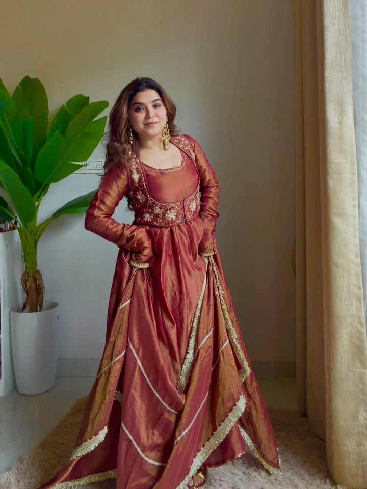 Women's Antique Rose Embroidered Anarkali Gown Set with Dupatta