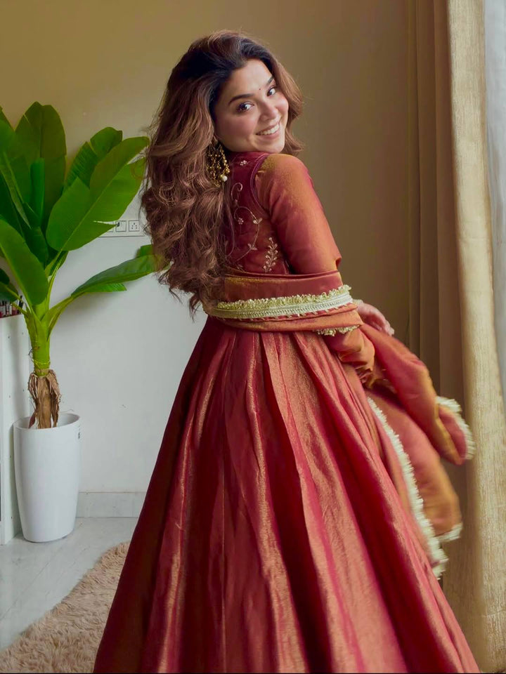 Women's Antique Rose Embroidered Anarkali Gown Set with Dupatta