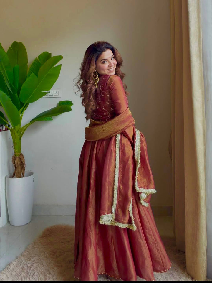 Women's Antique Rose Embroidered Anarkali Gown Set with Dupatta