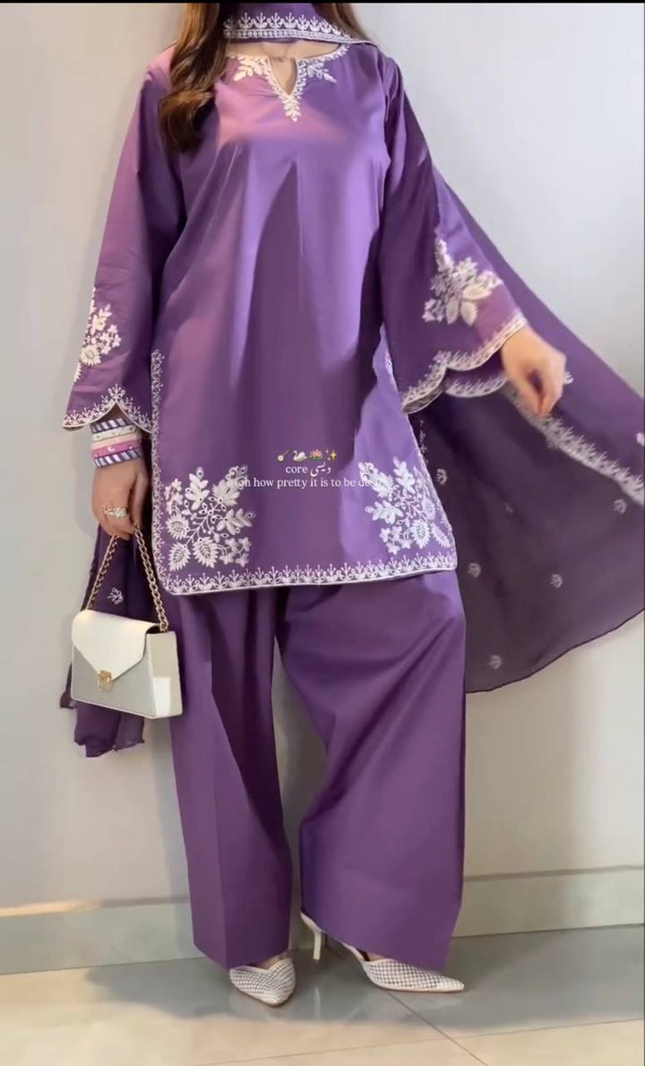 Women's Lavender Purple Embroidered Straight Suit Set with Dupatta