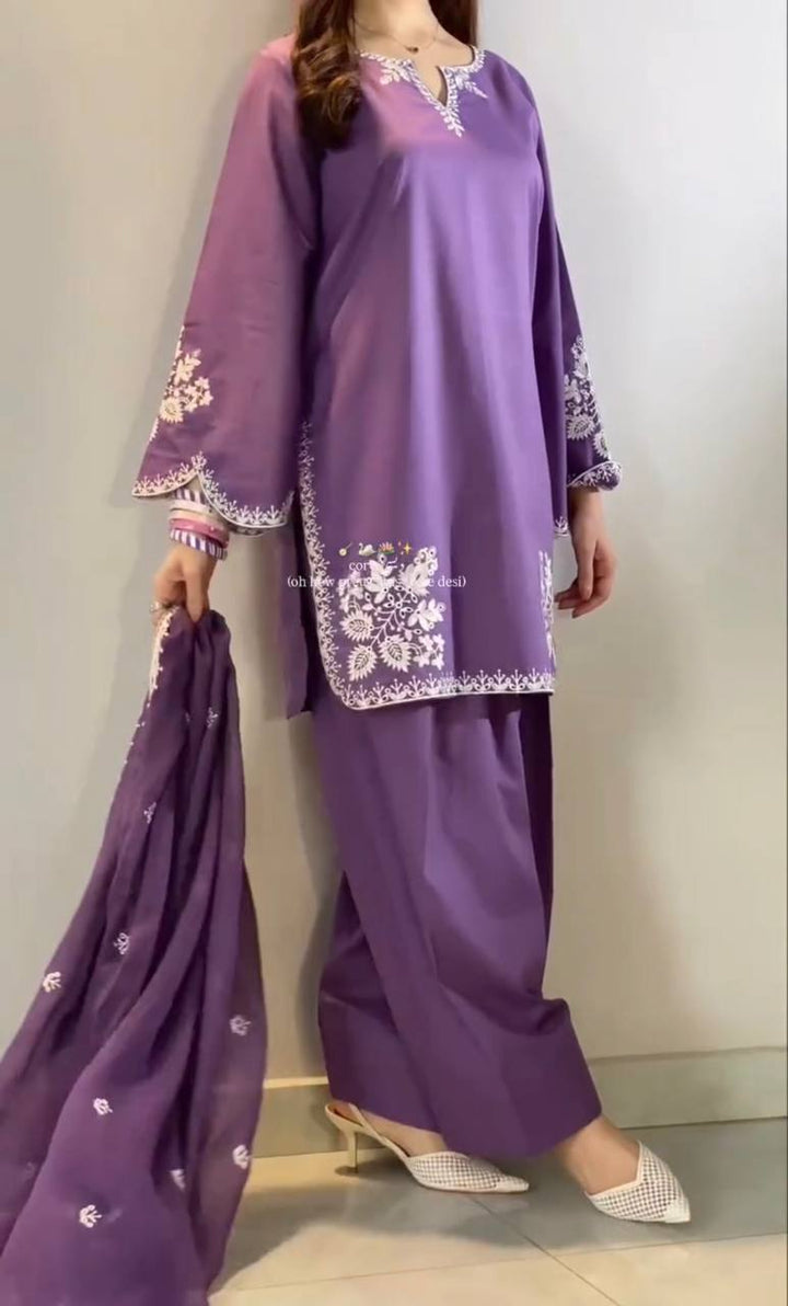 Women's Lavender Purple Embroidered Straight Suit Set with Dupatta