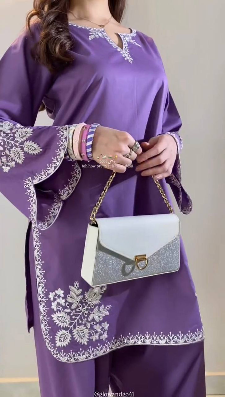 Women's Lavender Purple Embroidered Straight Suit Set with Dupatta