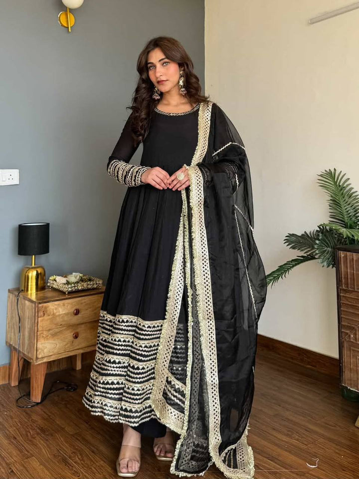 Women's Black Embroidered Anarkali Suit Set with Dupatta
