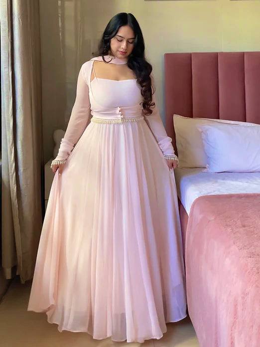 Women's Blush Pink Anarkali Gown Set with Dupatta