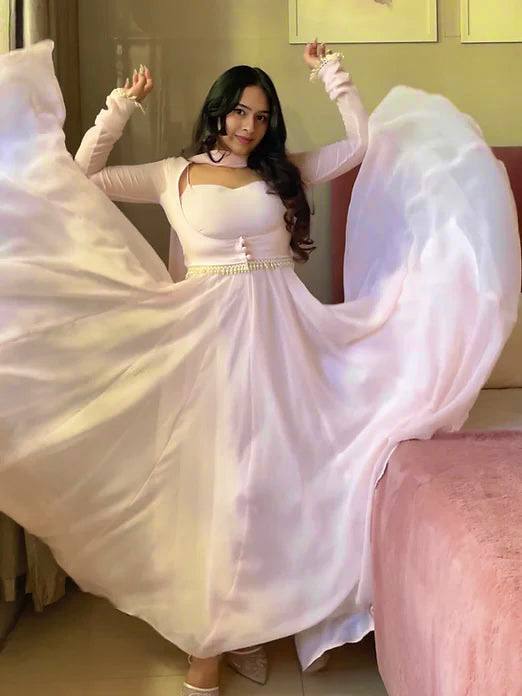 Women's Blush Pink Anarkali Gown Set with Dupatta