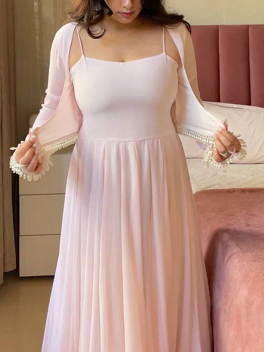 Women's Blush Pink Anarkali Gown Set with Dupatta