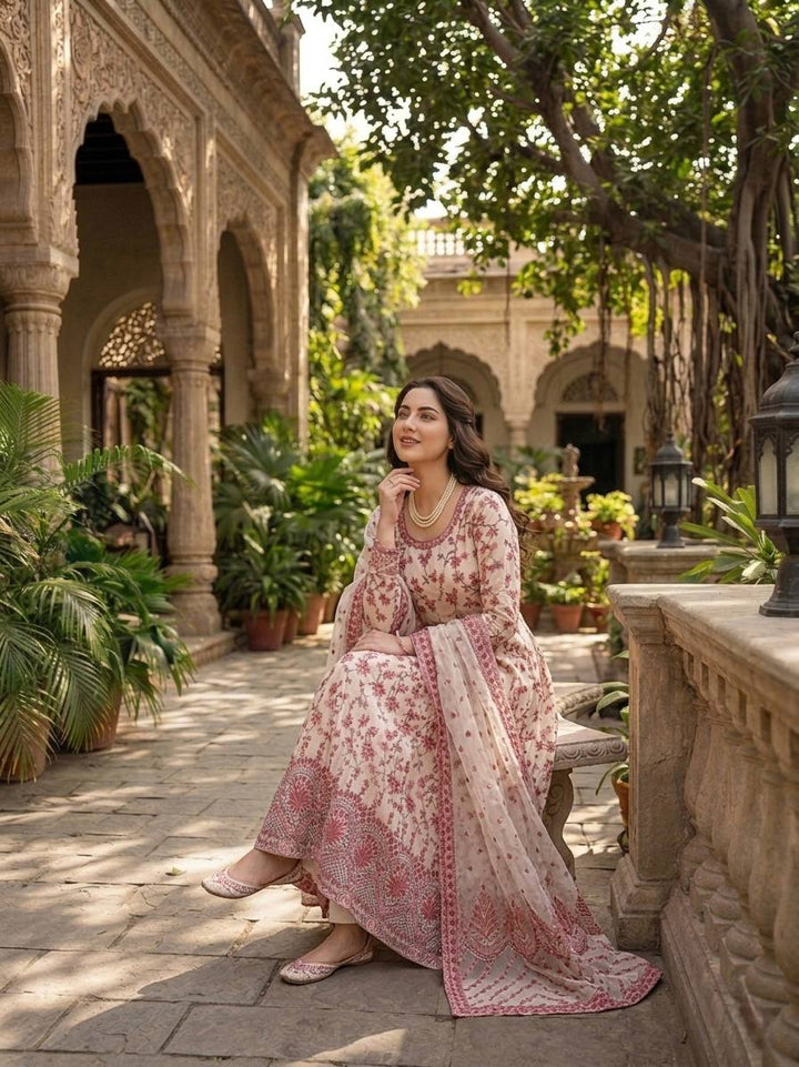 Women's White & Pink Floral Printed Anarkali Suit Set with Dupatta