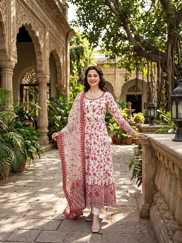 Women's White & Pink Floral Printed Anarkali Suit Set with Dupatta