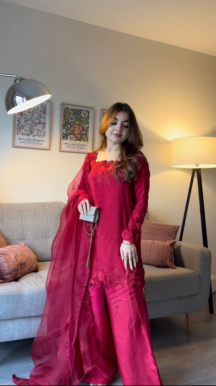 Women's Deep Magenta Embroidered Sharara Suit Set with Dupatta