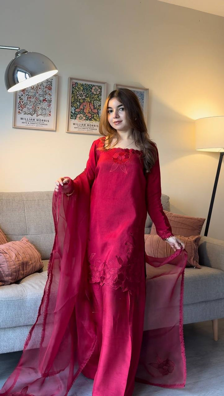 Women's Deep Magenta Embroidered Sharara Suit Set with Dupatta