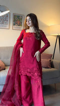 Women's Deep Magenta Embroidered Sharara Suit Set with Dupatta