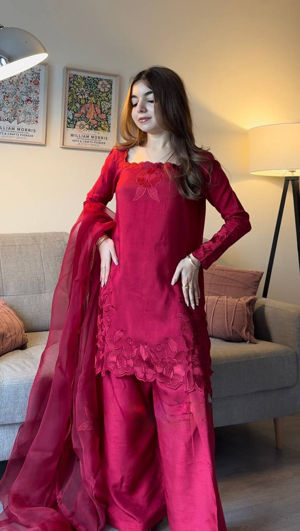 Women's Deep Magenta Embroidered Sharara Suit Set with Dupatta