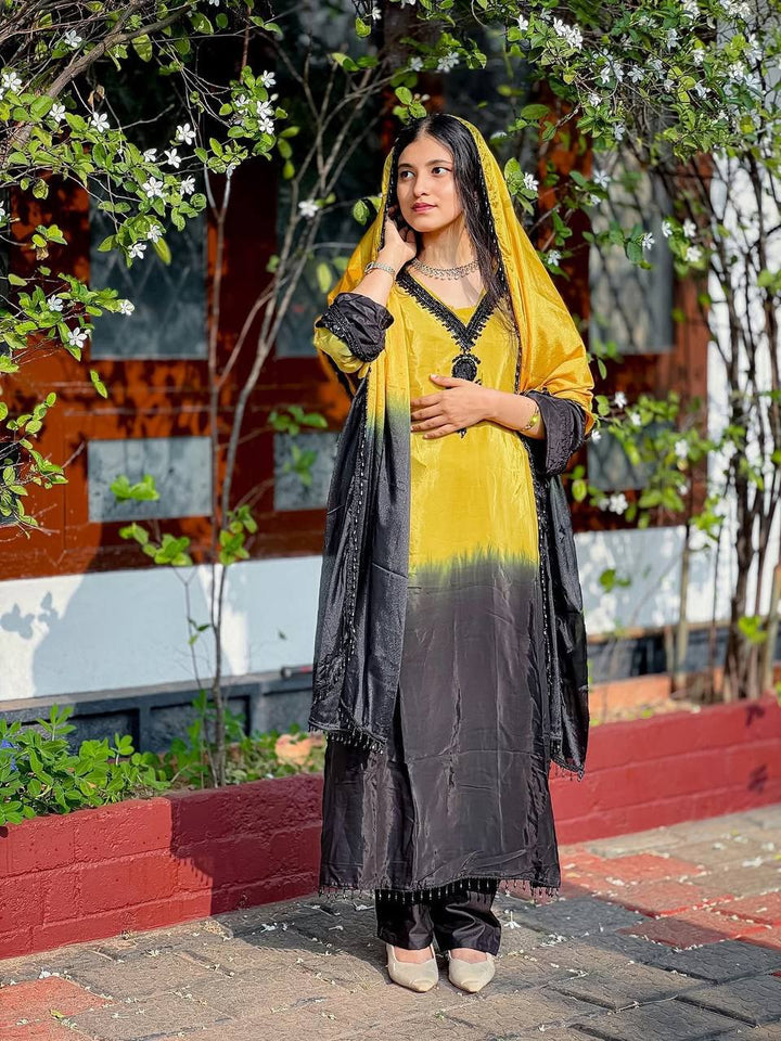 Women's Mustard Yellow & Black Ombre Straight Suit Set with Dupatta