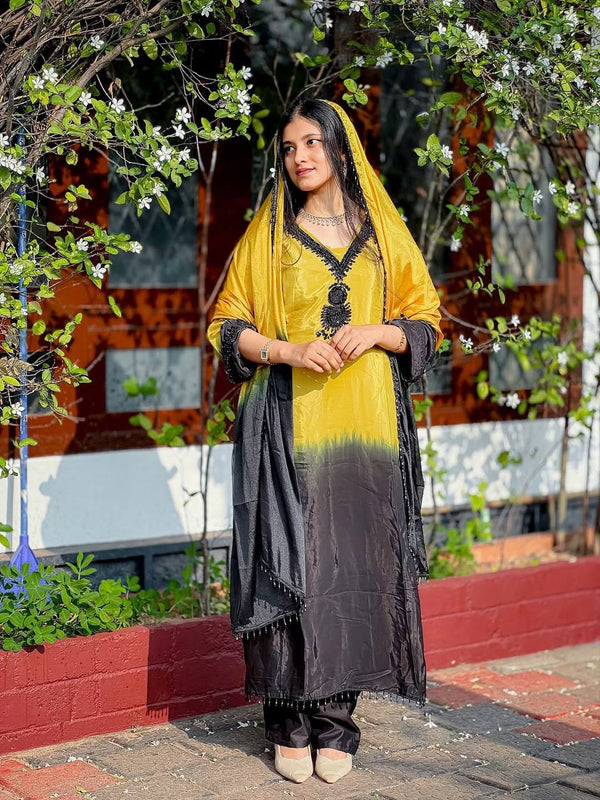 Women's Mustard Yellow & Black Ombre Straight Suit Set with Dupatta
