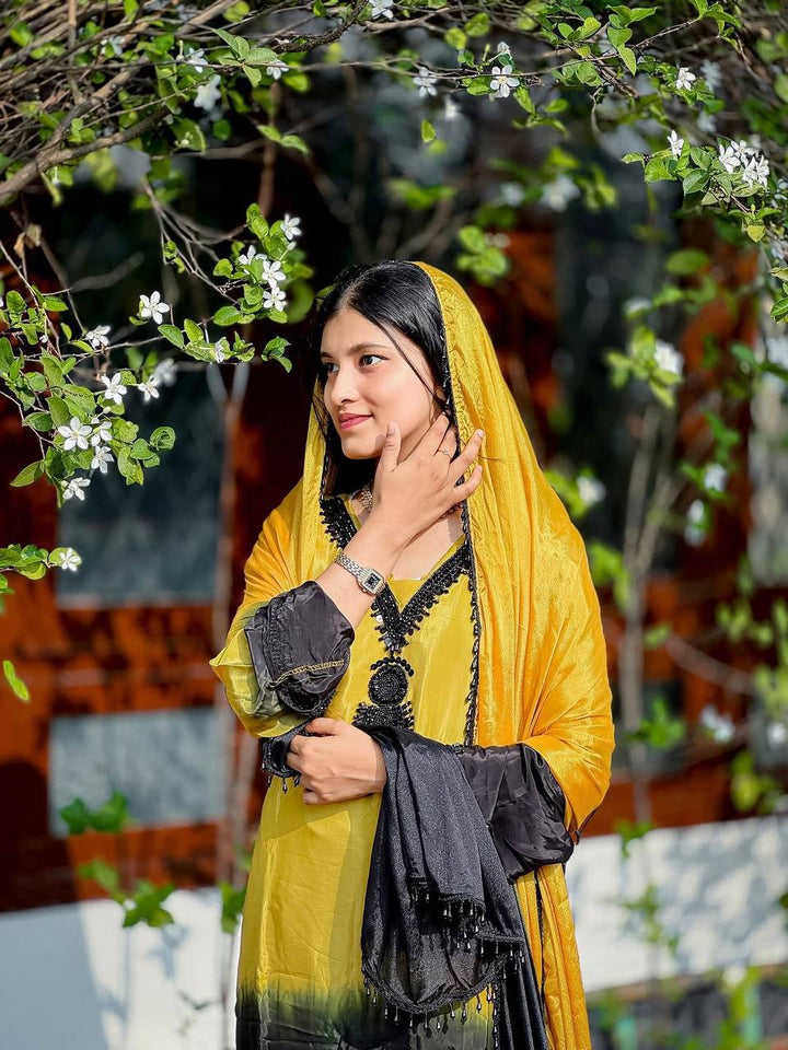Women's Mustard Yellow & Black Ombre Straight Suit Set with Dupatta