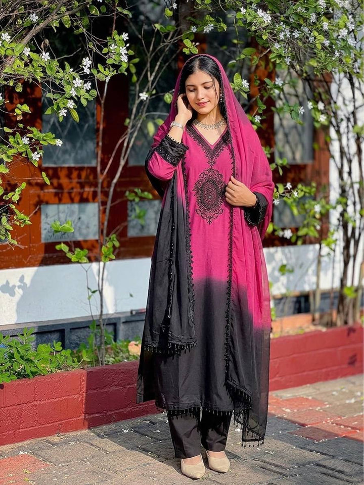 Women's Magenta Pink & Black Ombre Straight Suit Set with Dupatta