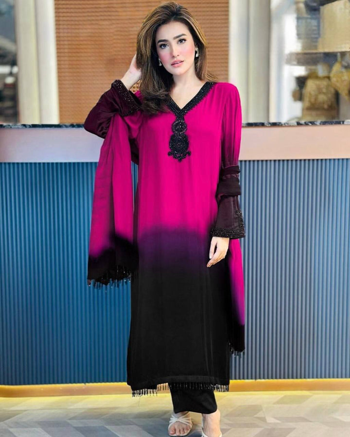 Women's Magenta Pink & Black Ombre Straight Suit Set with Dupatta