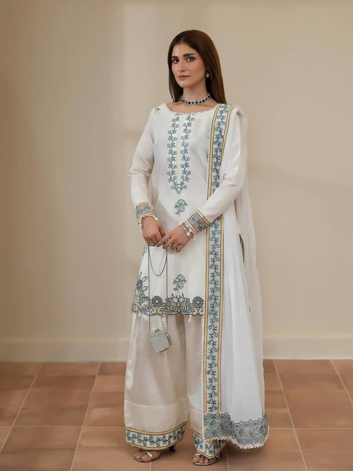 Women's White Floral Embroidered Kurta Palazzo Set with Dupatta