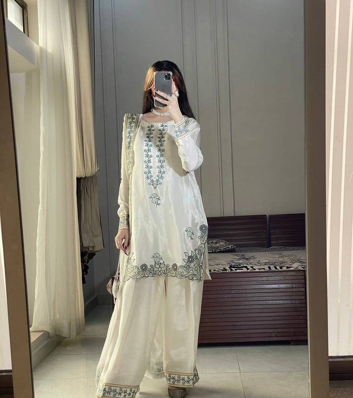 Women's White Floral Embroidered Kurta Palazzo Set with Dupatta