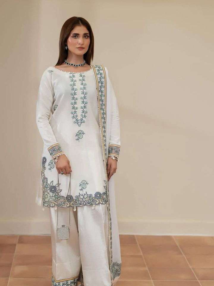 Women's White Floral Embroidered Kurta Palazzo Set with Dupatta