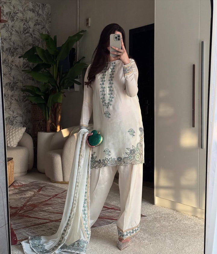 Women's White Floral Embroidered Kurta Palazzo Set with Dupatta