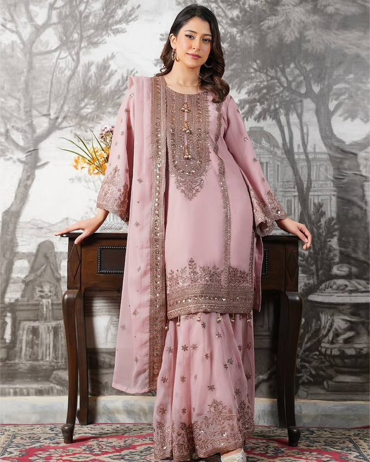 Women's Dusty Pink Heavy Embroidered Sharara Suit Set with Dupatta