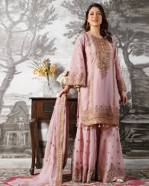 Women's Dusty Pink Heavy Embroidered Sharara Suit Set with Dupatta