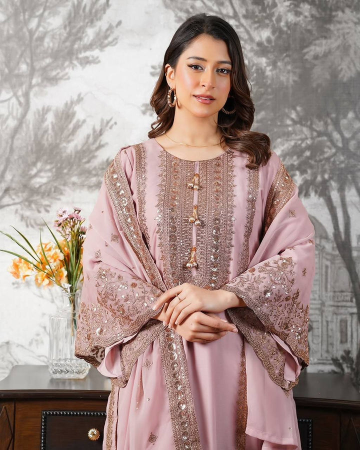 Women's Dusty Pink Heavy Embroidered Sharara Suit Set with Dupatta