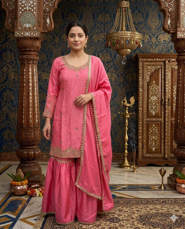 Women's Pink Embroidered Sharara Suit Set with Dupatta