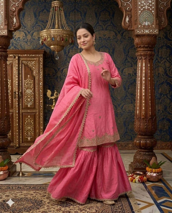 Women's Pink Embroidered Sharara Suit Set with Dupatta
