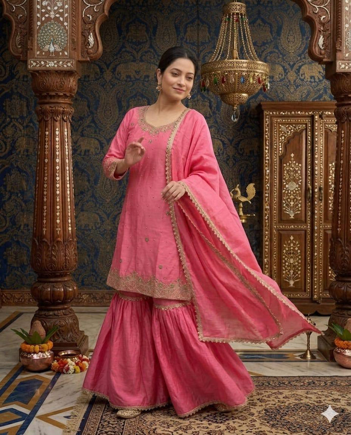 Women's Pink Embroidered Sharara Suit Set with Dupatta