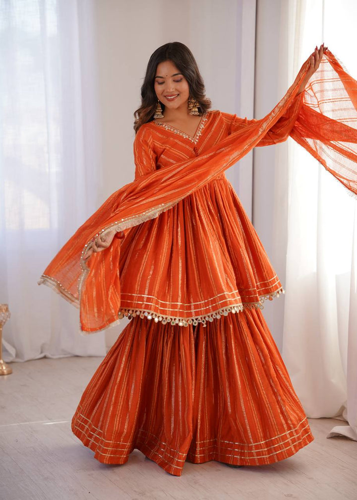 Women's Orange Striped Sharara Suit Set with Dupatta