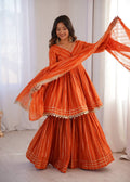 Women's Orange Striped Sharara Suit Set with Dupatta