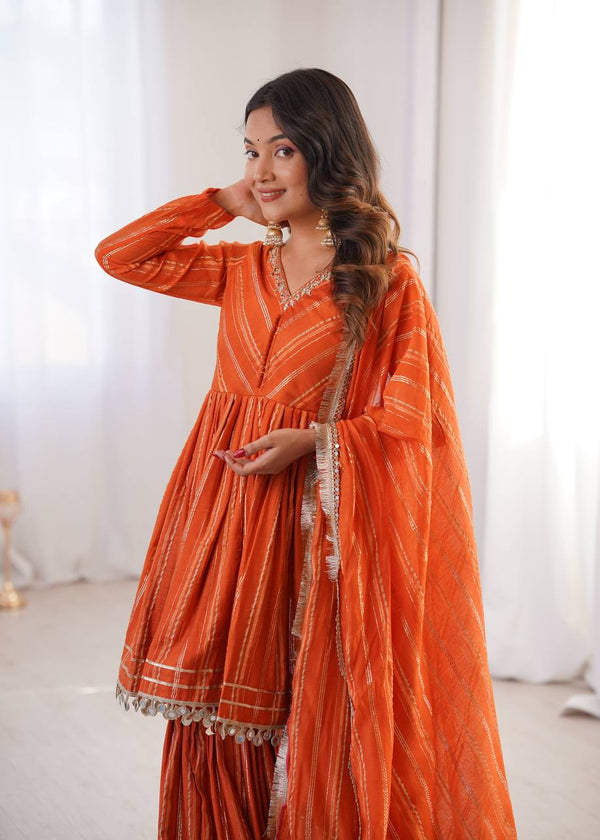 Women's Orange Striped Sharara Suit Set with Dupatta