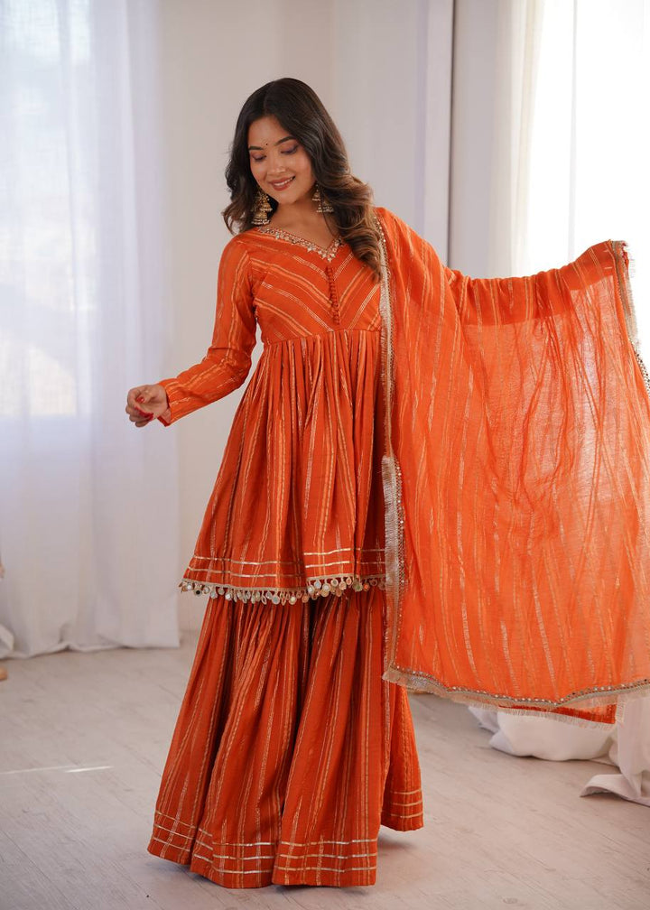 Women's Orange Striped Sharara Suit Set with Dupatta