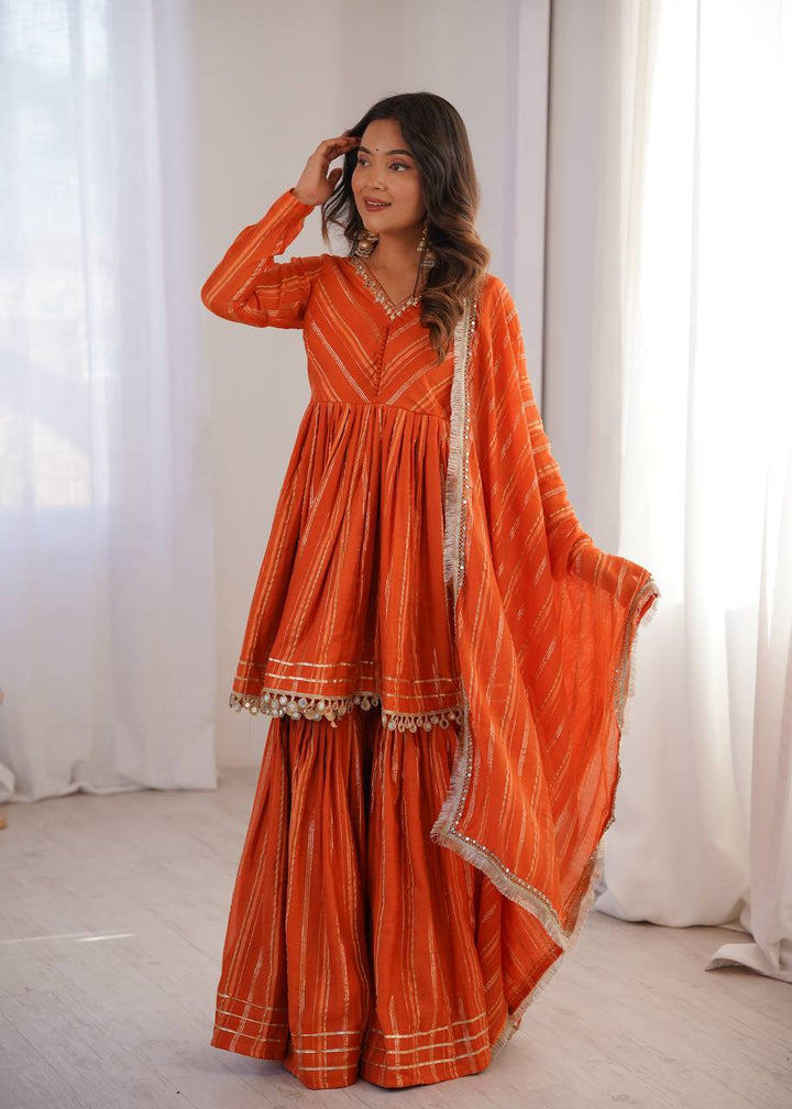 Women's Orange Striped Sharara Suit Set with Dupatta
