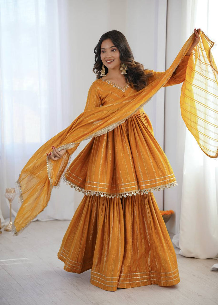 Women's Mustard Yellow Striped Sharara Suit Set with Dupatta