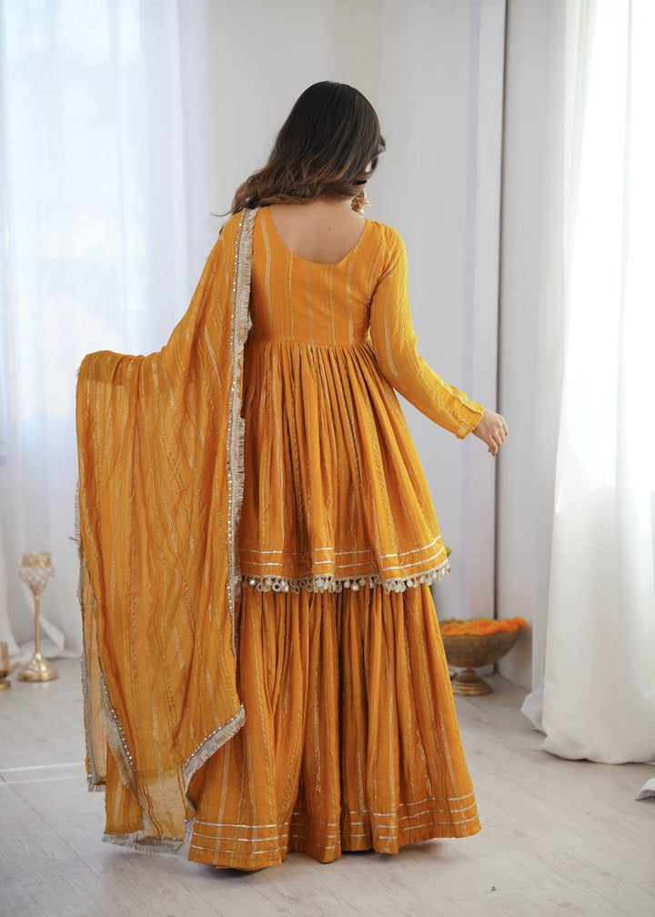 Women's Mustard Yellow Striped Sharara Suit Set with Dupatta