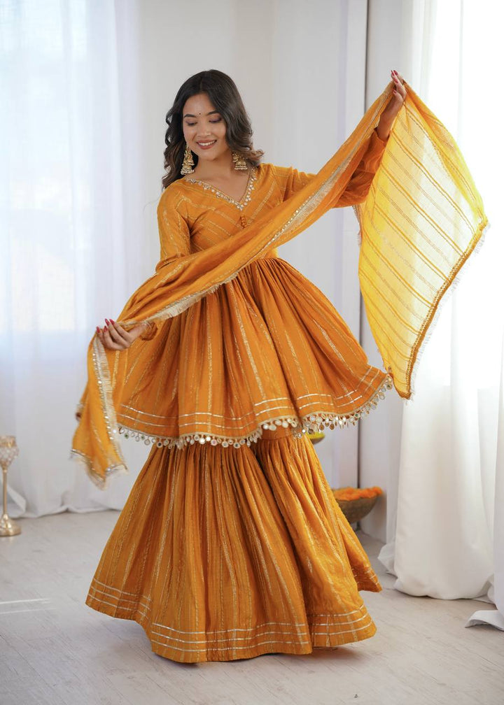 Women's Mustard Yellow Striped Sharara Suit Set with Dupatta