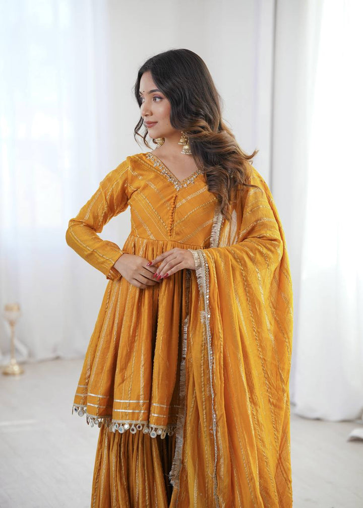 Women's Mustard Yellow Striped Sharara Suit Set with Dupatta