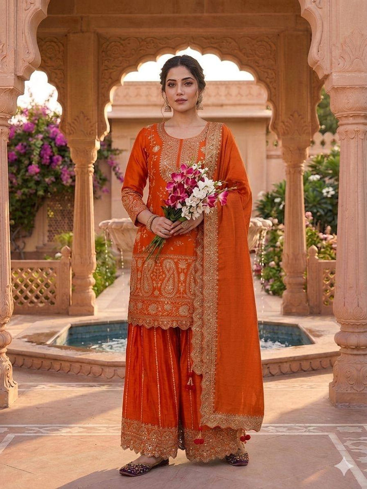 Women's Orange Embroidered Kurta Sharara Set with Dupatta