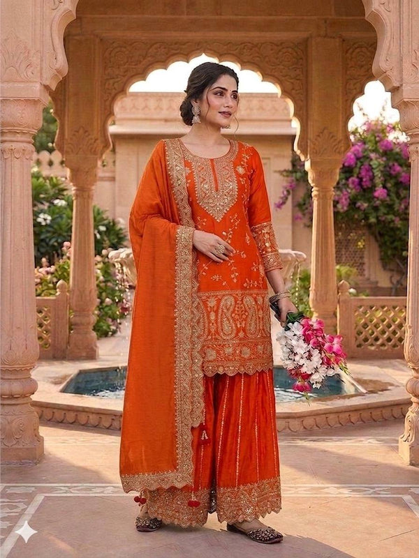 Women's Orange Embroidered Kurta Sharara Set with Dupatta
