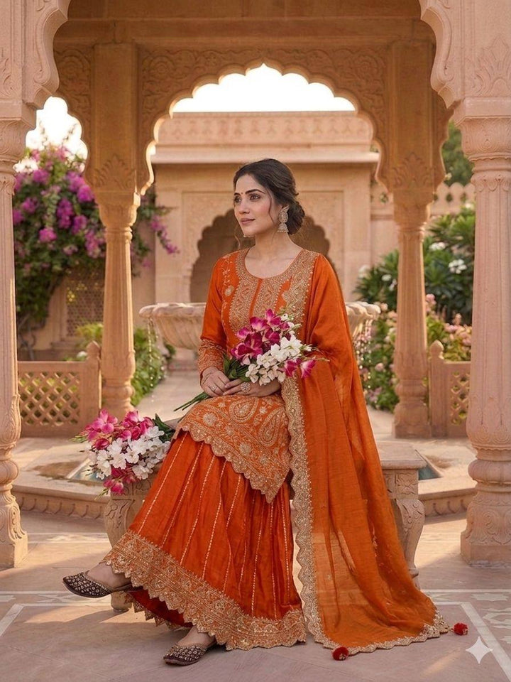 Women's Orange Embroidered Kurta Sharara Set with Dupatta