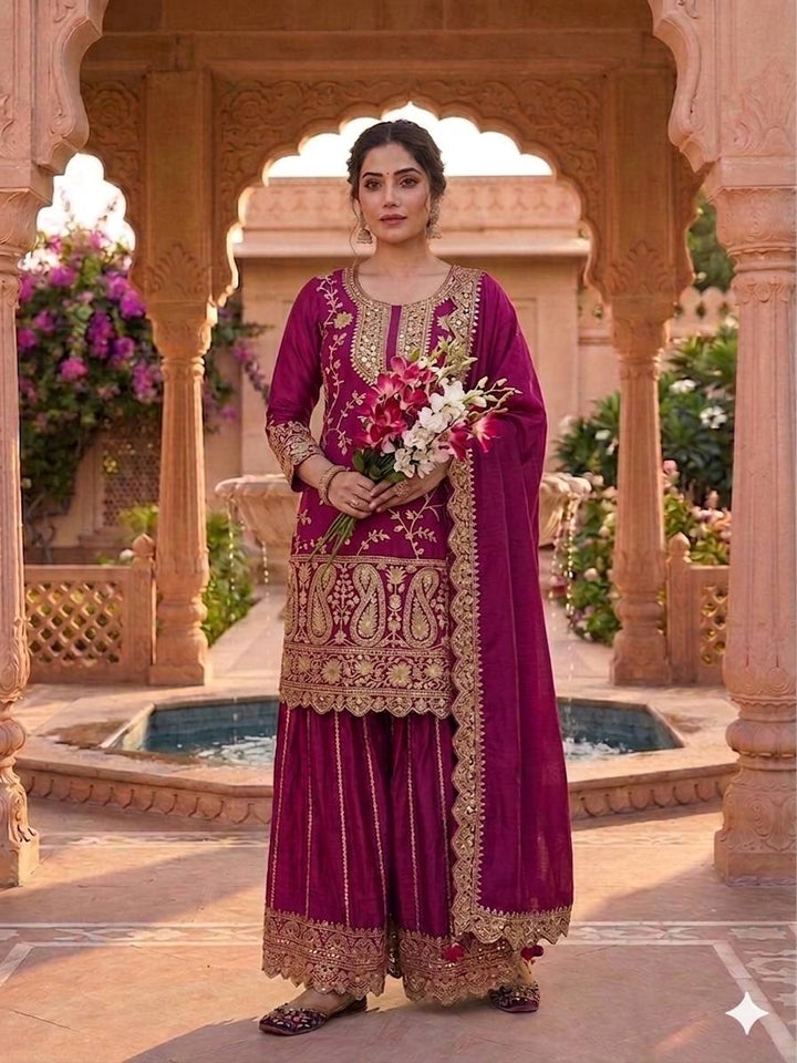 Women's Magenta Embroidered Kurta Sharara Set with Dupatta