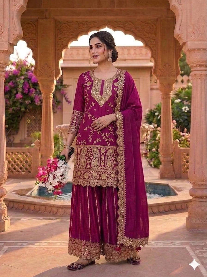 Women's Magenta Embroidered Kurta Sharara Set with Dupatta
