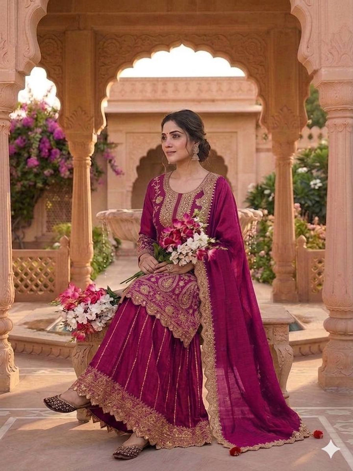 Women's Magenta Embroidered Kurta Sharara Set with Dupatta
